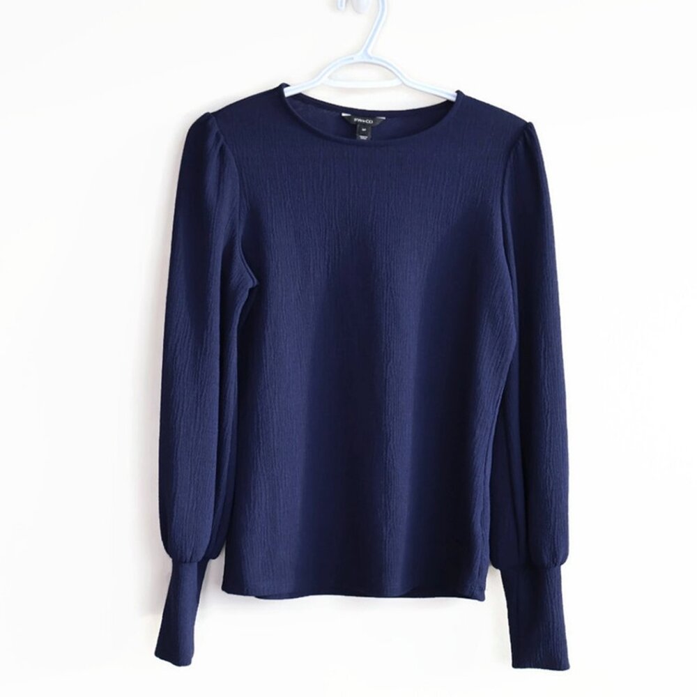 Navy Blue Top from RW & CO. -  Size S - Crew Neck -  Slightly Puffy Sleeves